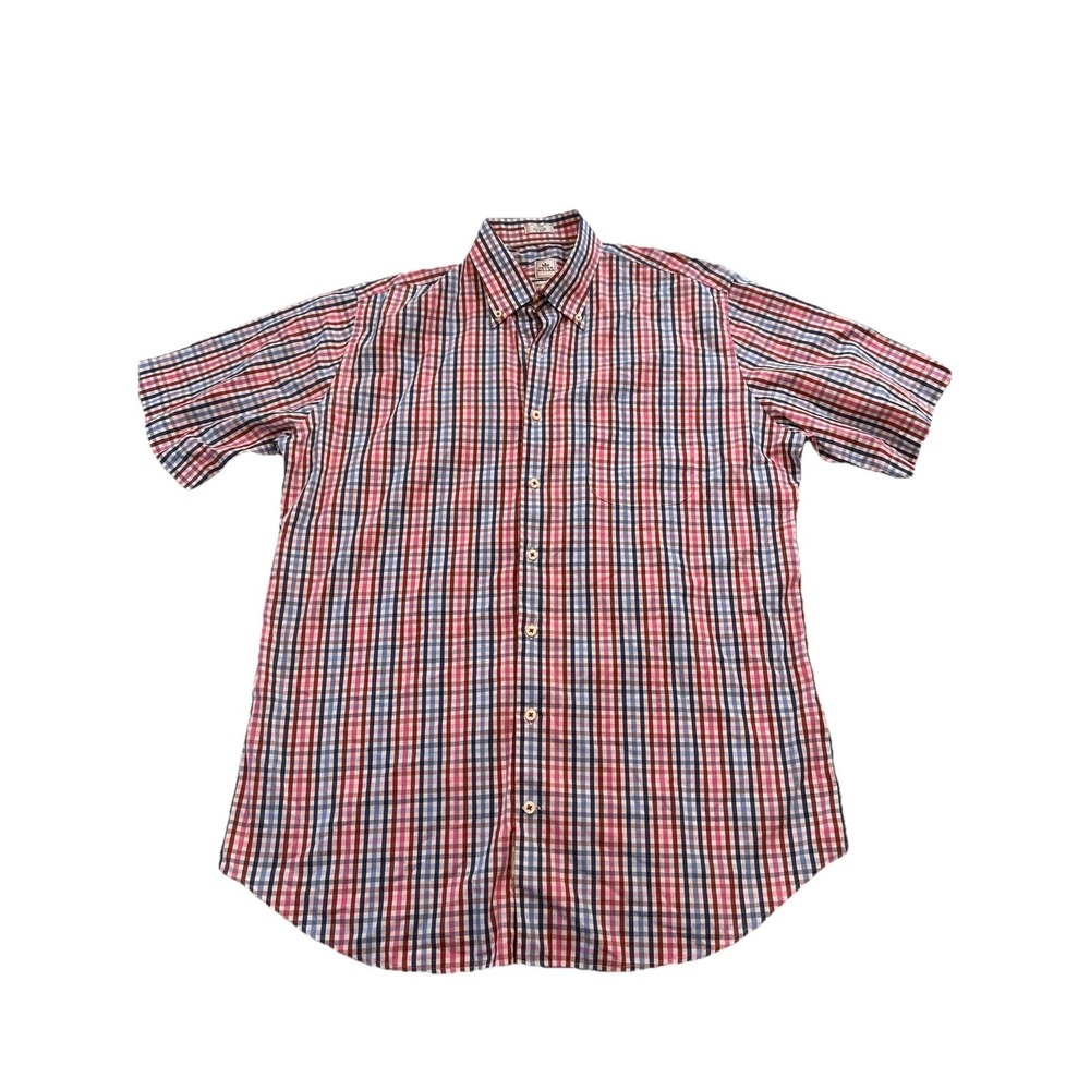 Peter Millar Plaid Seaside Finish Short Sleeve Button Up Large Men's Red Blue
